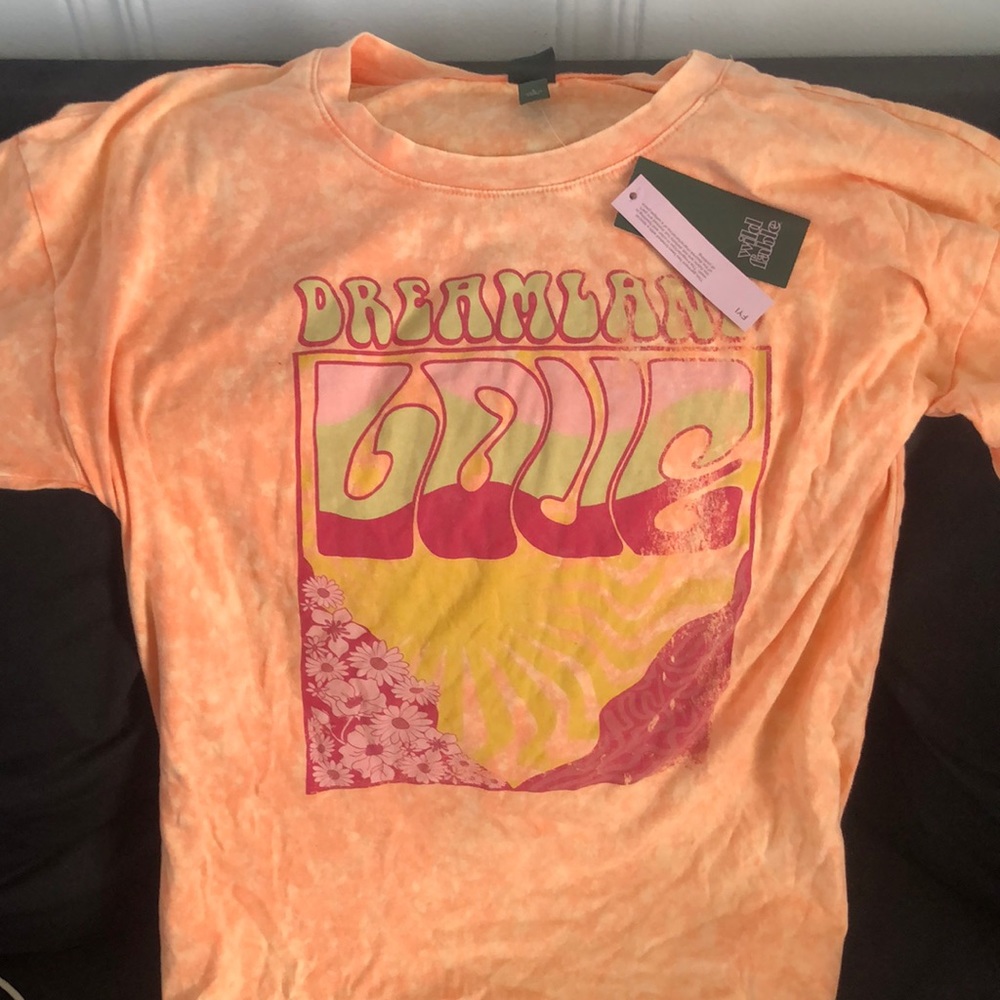 Brand new with tags, Cream Orange Tye & Dye shirt, Dreamland Love, hippy logo